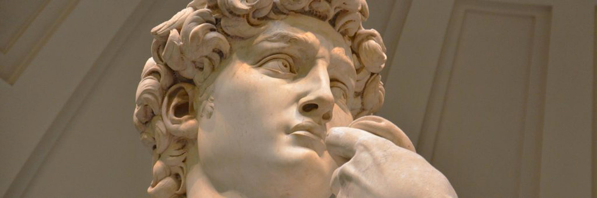 In the foreground the face of Michelangelo's David