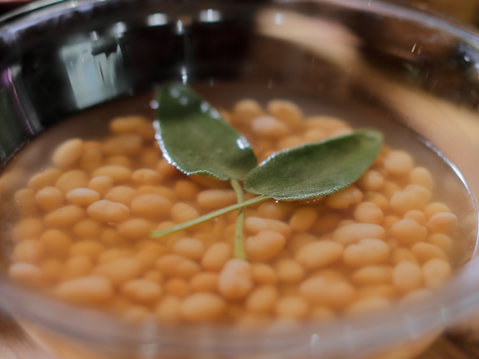 A glass container with cooked Zolfini beans and a couple of sage leaves