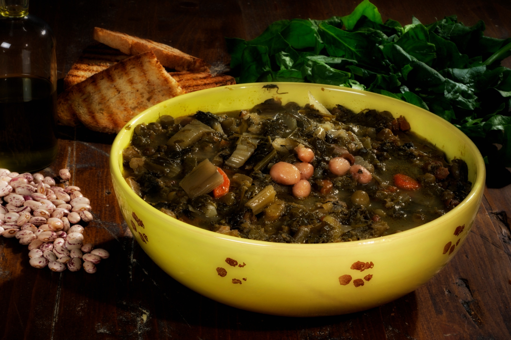 A ceramic plate containing traditional Garfagnana herb and bean soup. Around the plate:  a few slices of toasted bread and a handful of dried beans